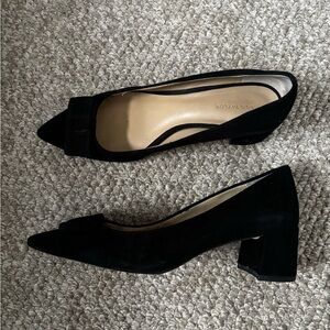 Ann Taylor Black Suede Pointed Toe Low Block Heel Pumps with Bow
